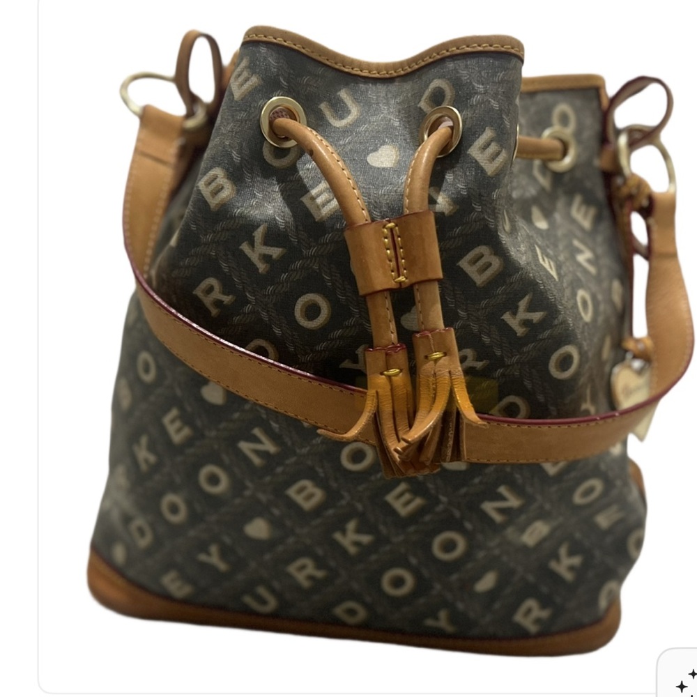 vintage Dooney & Bourke Crossword / Signature Monogram Drawstring Bucket Bag.